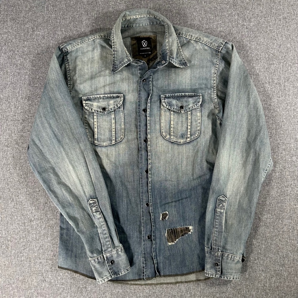 Zanerobe Mens Denim Shirt M Blue Distressed Camo Patch Long Sleeve Cotton Button
